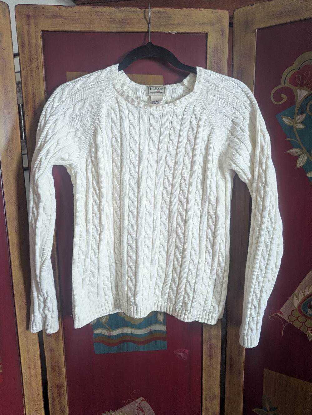 Vintage LL Bean Women’s S Fisherman Cable Knit Sweater Ivory Crew Neck Cotton
